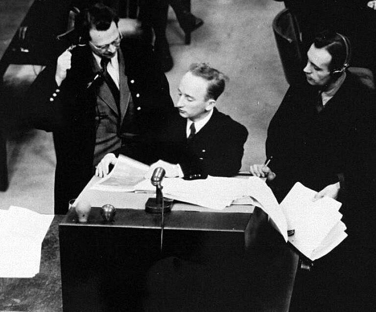 Circa 1947: Benjamin Ferencz and counsel for Einsatzgruppen trial defendants, Nuremberg.