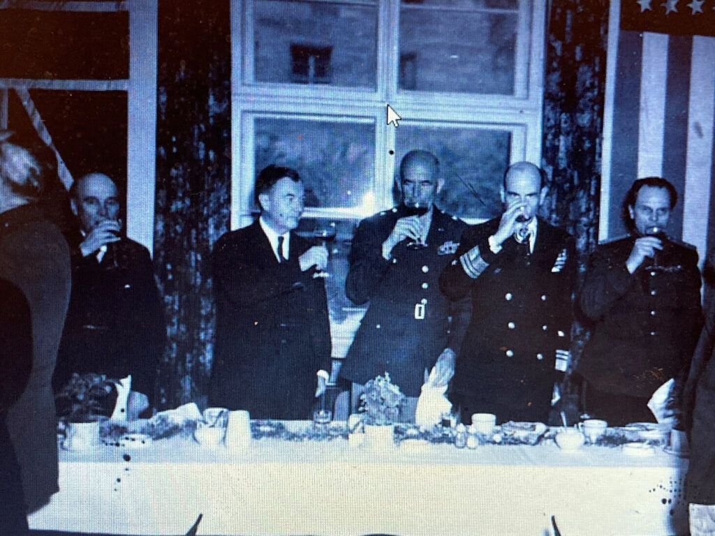 May 8, 1946: L-R: IMT president Judge Geoffrey Lawrence (UK), Justice Robert H. Jackson (US), General Robert J. Gill (US), Admiral William A. Glassford (US), & Judge Iona T. Nikitchenko (USSR), at the Palace of Justice, Nuremberg.